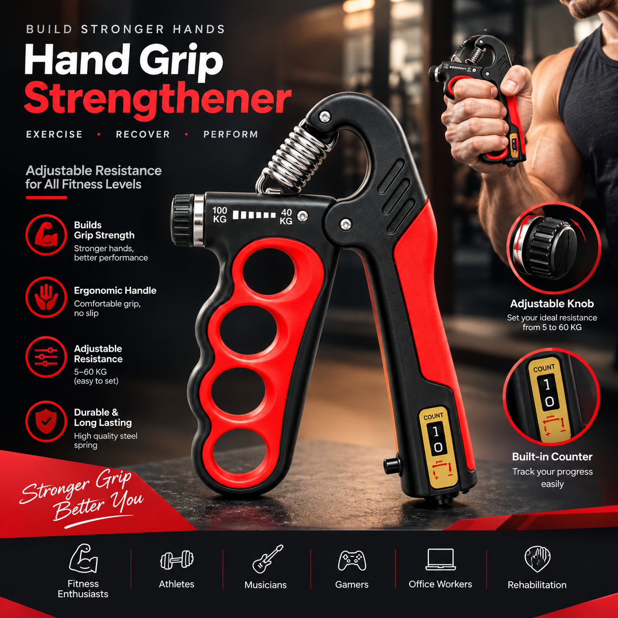 💪🔥 5–100 KG Adjustable Grip Strength Trainer – Hand Gripper 🔥💪